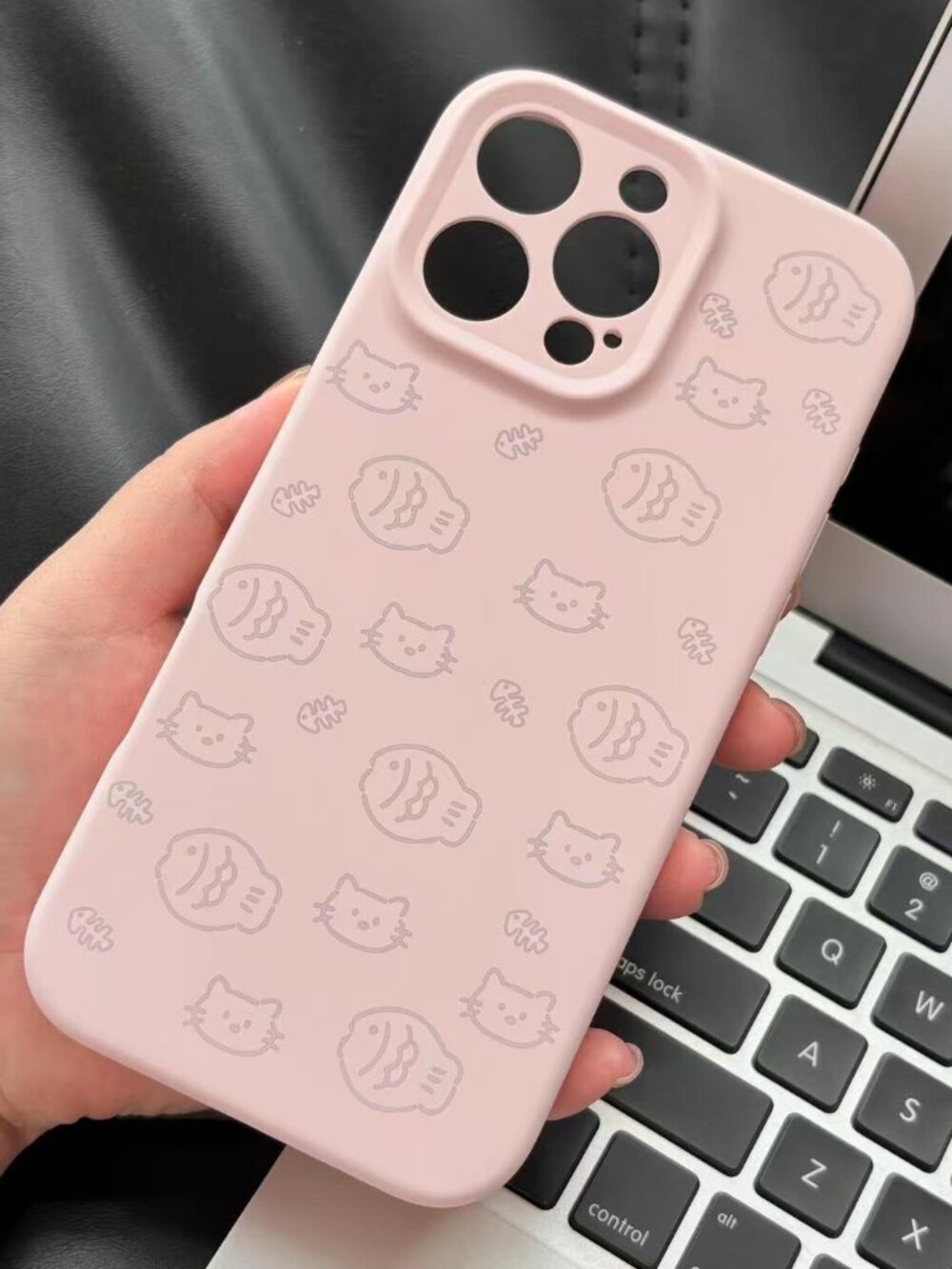 Cute Cat & Fish Blush Pink Silicone Case